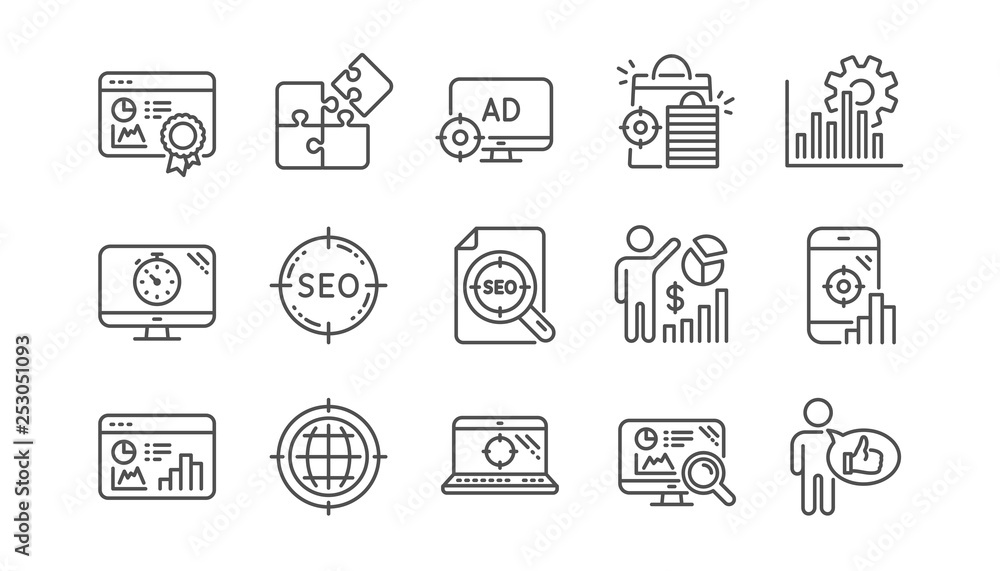 Poster seo line icons. increase sales, business strategy and search optimization. analytics linear icon set