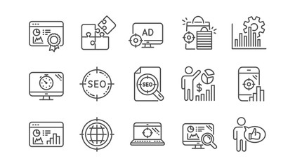 Seo line icons. Increase sales, Business strategy and Search optimization. Analytics linear icon set.  Vector