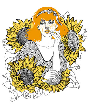  vector of a beautiful girl farmer with golden hair sitting among ripe huge sunflowers