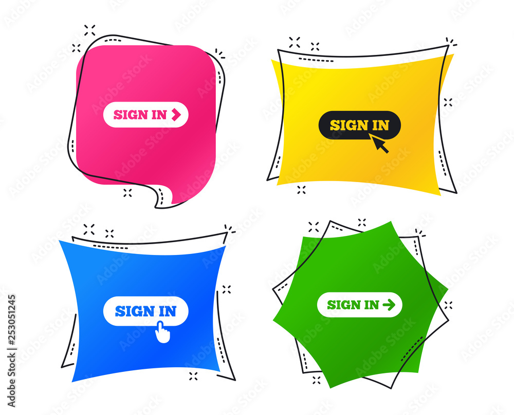 Poster sign in icons. login with arrow, hand pointer symbols. website or app navigation signs. geometric co