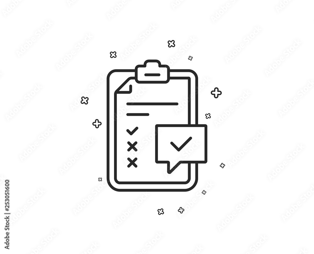Poster checklist line icon. survey report sign. business review symbol. geometric shapes. random cross elem