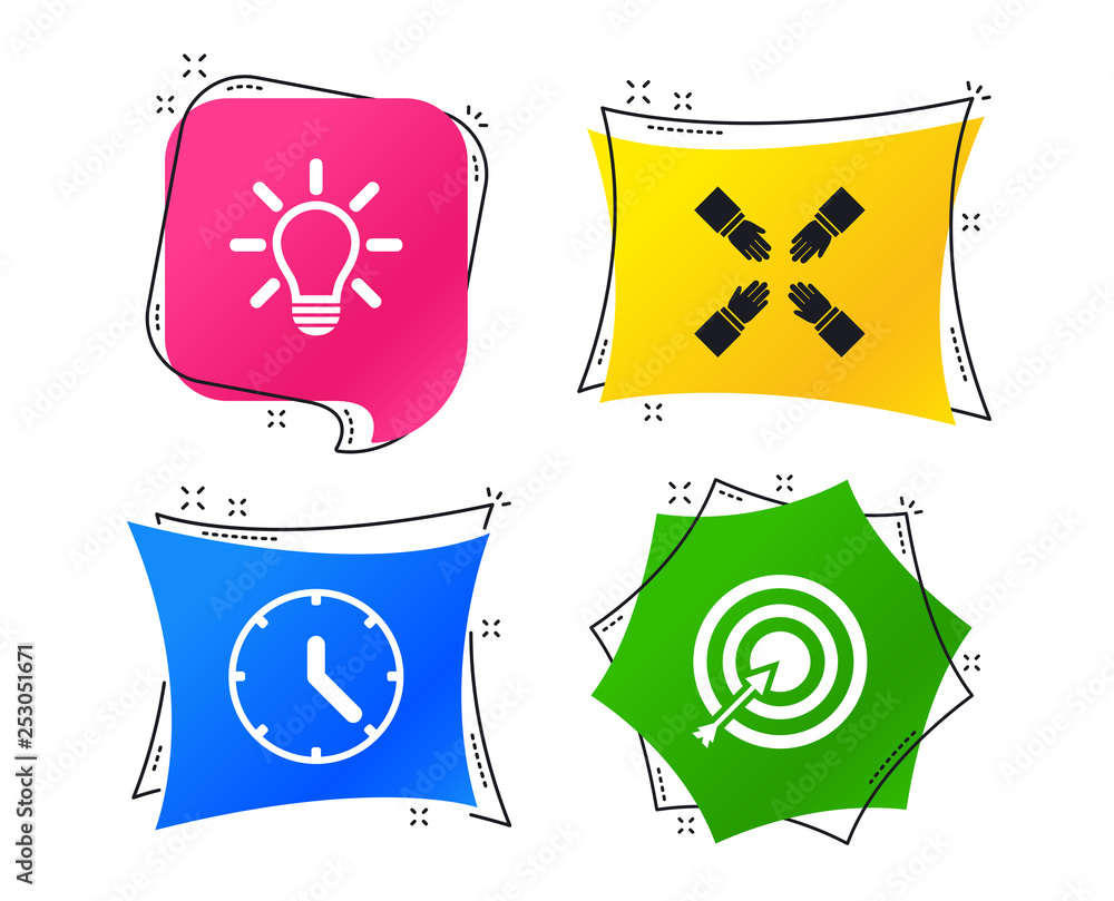 Poster lamp idea and clock time icons. target aim sign. darts board with arrow. teamwork symbol. geometric 
