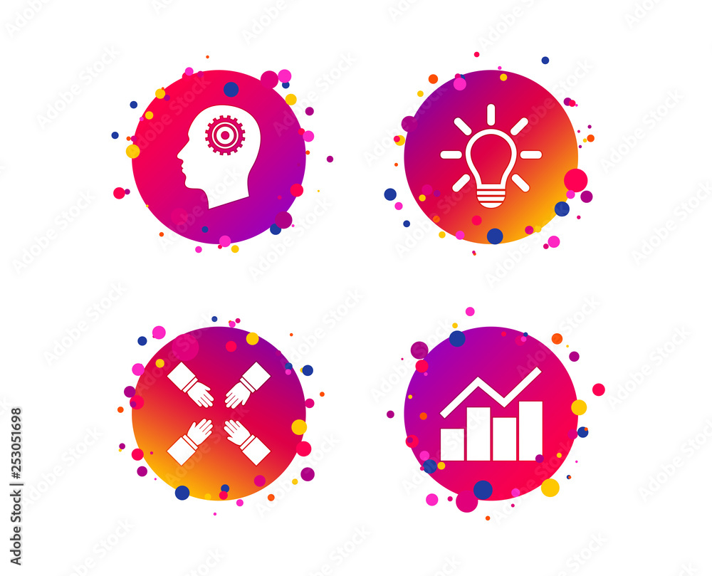 Poster lamp idea and head with gear icons. graph chart diagram sign. teamwork symbol. gradient circle butto