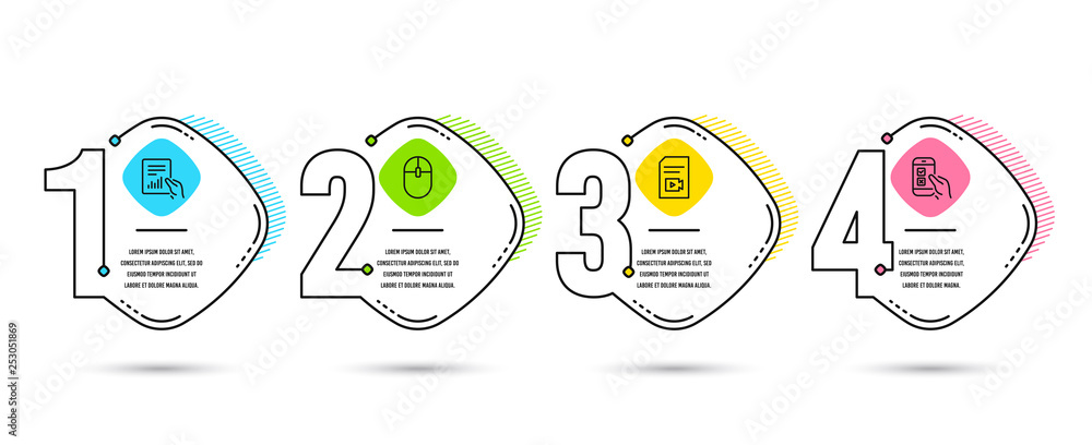 Poster infographic template 4 options or steps. set of computer mouse, video file and document icons. mobil