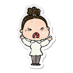 distressed sticker of a cartoon angry old woman
