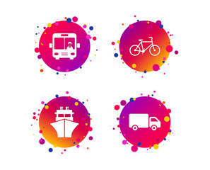 Transport icons. Truck, Bicycle, Public bus with driver and Ship signs. Shipping delivery symbol. Family vehicle sign. Gradient circle buttons with icons. Random dots design. Vector