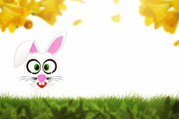 Frohe Ostern Grusskarte. Osterhase auf einer grünen Wiese.