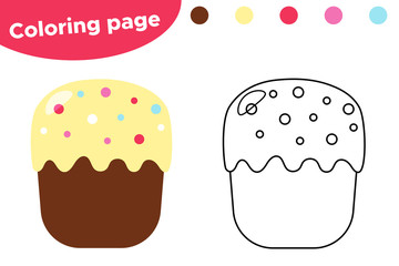 Coloring page, cute cartoon Easter cake. Educational game for preschool kids. Vector illustration.