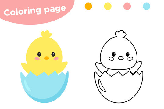 Easter coloring page, cute cartoon kawaii chick in egg. Educational game for preschool kids. Vector illustration.