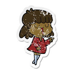 distressed sticker of a cartoon woman laughing