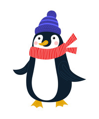 Vector flat llustration for greeting cards, postcards, icon, logo or badge. Holiday celebration card with cute penguin in winter clothes isolated on white background