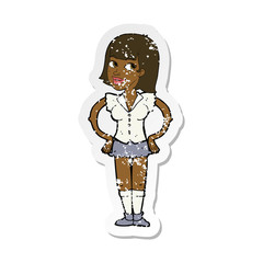 retro distressed sticker of a cartoon woman with hands on hips
