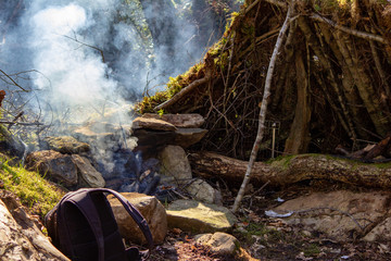 Fire Camping Shelter in Woods