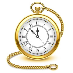 Vintage gold pocket watch and chain, isolated on white background, vector illustration.