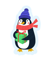 Vector flat llustration for sticker, greeting cards, postcards, icon, logo or badge. Holiday celebration card with cute penguin in winter clothes. Perfect for scrapbooking.