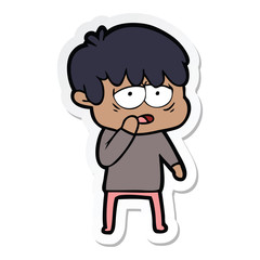 sticker of a cartoon exhausted boy