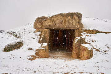 Dolmen Menga snow-covered of Antequera. Dolmen of Antequera Archaeological Ensemble. UNESCO Heritage