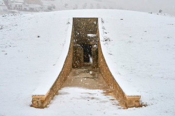 Dolmen Viera, snow-covered of Antequera. Dolmen of Antequera Archaeological Ensemble. UNESCO...