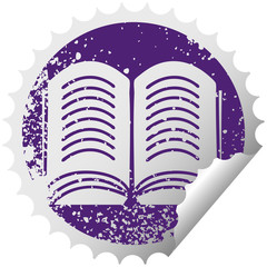 distressed circular peeling sticker symbol open book