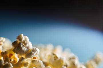 Closeup of dried popcorn. Background with copy space.