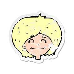 retro distressed sticker of a cartoon happy female face