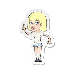 retro distressed sticker of a cartoon pretty girl with idea