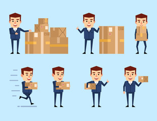 Set of businessman characters in blue suit posing with parcel box. Cheerful man holding package, showing thumb up gesture, running and showing other actions. Flat style vector illustration