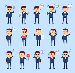 Fototapeta na wymiar Set of businessman in blue suit showing different actions. Cheerful man talking on phone, angry, reading book and showing other actions. Flat style vector illustration