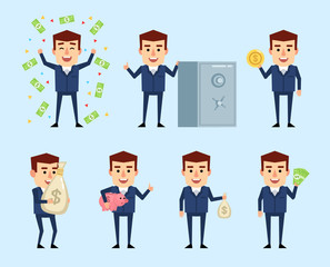 Set of businessman in blue suit posing with money. Cheerful man holding piggy bank, money bag, golden coin and showing other actions. Flat style vector illustration