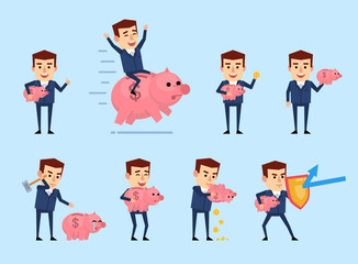 Set of businessman in blue suit posing with piggy bank. Cheerful man holding piggy bank, putting coins, riding giant pig and showing other actions. Flat style vector illustration
