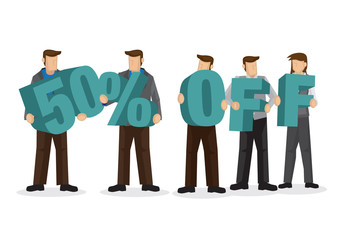 Group of business people holding giant alphabet to form 50 percentage off. Concept of promotion, teamwork or discount. Cartoon isolated vector illustration.