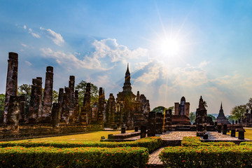 Sukhothai historical park and surrounding area example Wat Si Chum, Wat Traphang-Thong, Sorasak Temple in the midday and twilight