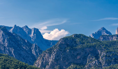 Fototapeta premium the peaks of the Taurus southern coastal mountains in Turkey, covered with relict pines