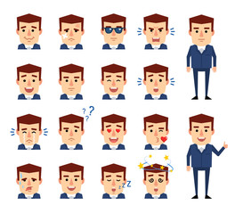 Set of businessman emoticons showing diverse facial expressions. Laugh, angry, surprised, dazed, serious, in love, kiss, tired and other emotions. Flat design vector illustration