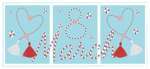 Banner for the International Womens Day. March 8 postcard  with the handmade martisor pom-pom celebrating elements and lettering  decor