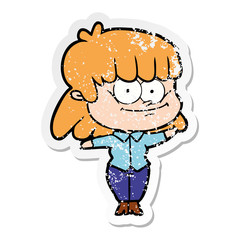 distressed sticker of a cartoon girl smiling