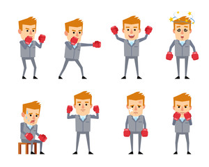 Set of businessman in grey suit with boxing gloves. Cheerful man showing winners pose, celebrating, punching, fighting, dazed and showing other actions. Flat style vector illustration