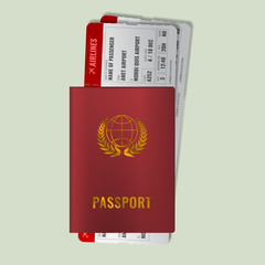 International passport with boarding passes. Two red Airline tickets with red international passport. Realistic vector illustration.