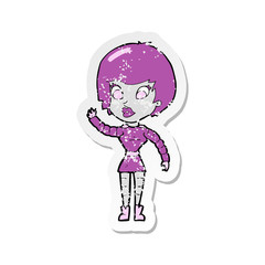 retro distressed sticker of a cartoon robot woman waving