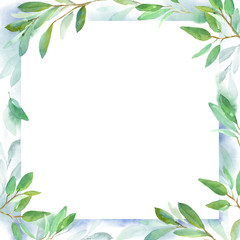 Geometric botanical design frame. Green leaves. Watercolor illustration for wedding invitation design, branding, web sites, social media