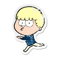 distressed sticker of a cartoon curious boy running