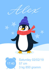 Metric baby girl poster with flat cartoon penguin, hand drawn Alex white name, calligraphy text. Time, date of the birth, weight of newborn information. Greeting poster card with lettering.
