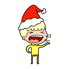 comic book style illustration of a laughing man wearing santa hat