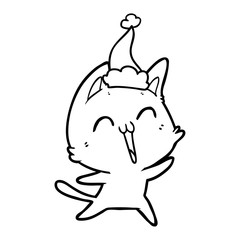 happy line drawing of a cat wearing santa hat