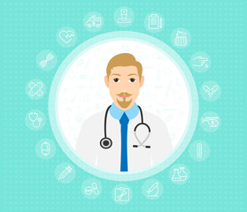 A friendly doctor in medical gown. vector flat design illustration isolated on background