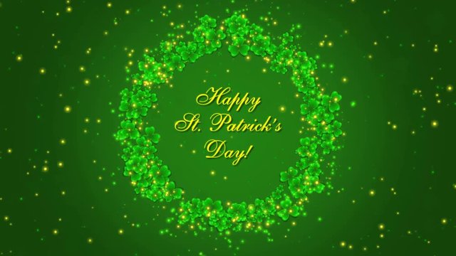 Happy St. Patrick's Day Animation with shamrocks on the green background. Motion graphics