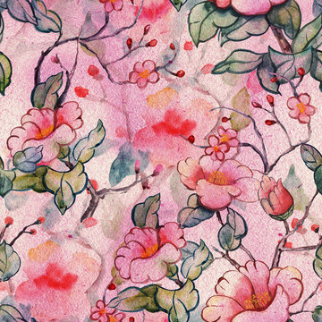 Seamless pattern. Camellia flower. Watercolor illustration painted in asian style © Арина Трапезникова