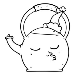 line drawing of a kettle wearing santa hat