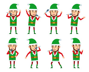 Set of Christmas elf characters with microphone showing different actions. Funny elf karaoke singing. Flat style vector illustration