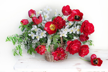 Beautiful bouquet of spring flowers in a basket.Still life with red tulips and daffodils .